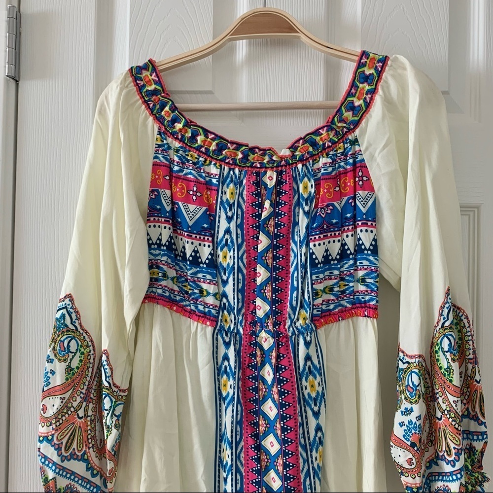 πΌ Cream Off-White Tribal Bohemian Boho Paisley Print Peasant Dress - Picture 10 of 16